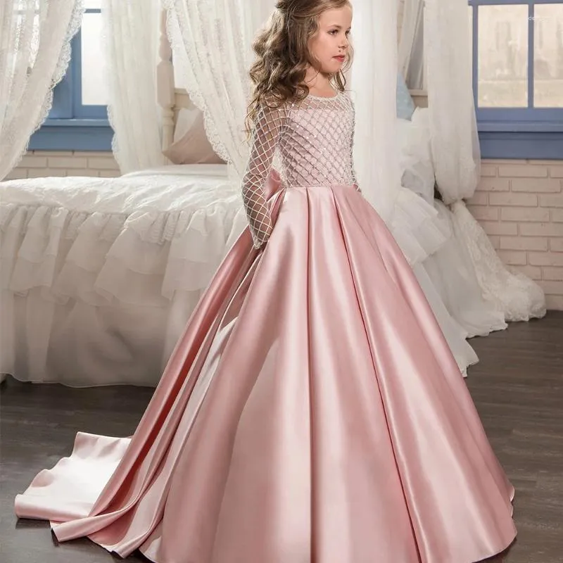 Vestidos de menina flor vestido de cetim malha brilhante arco casamento elegante maca criança eucaristia aniversário bola festa primeira princesa