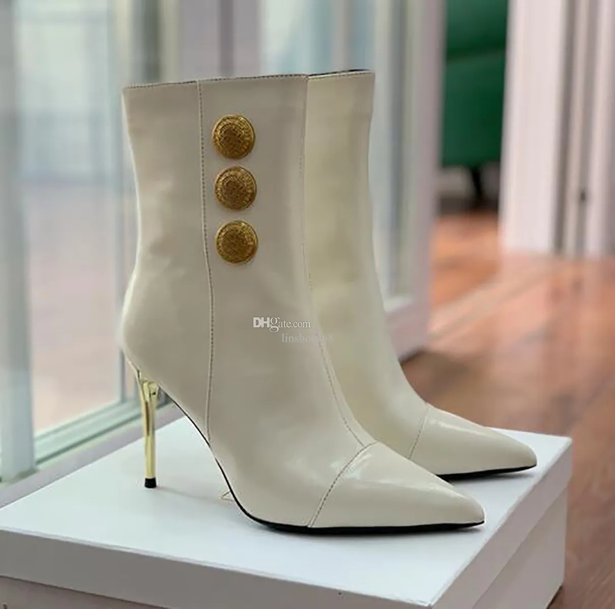 Gold Slim Fit Pointed Leather White Heeled Boots Matte Finish Tight Fit Comfortable Walking Shoes For Autumn From Linshoes68 90.76 DHgate.Com