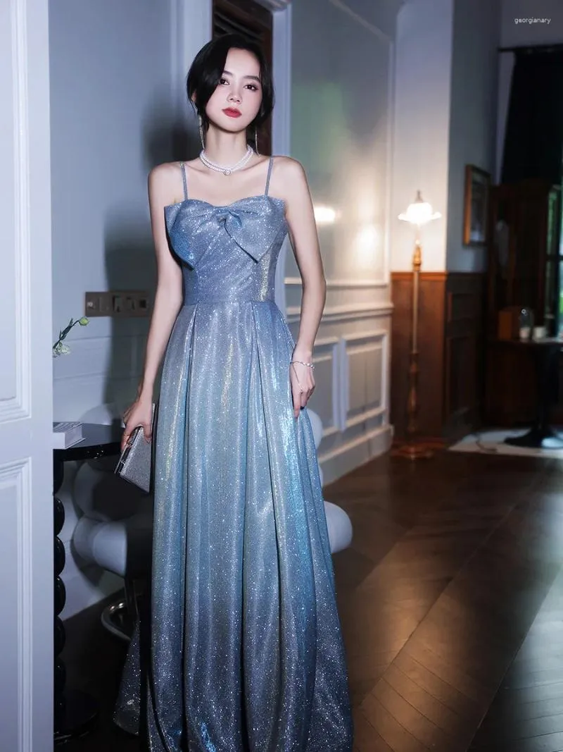 Party Dresses Starry Sky Evening Dress Summer Blue Long Sequins One Shoulder Host Choral Command Female Birthday Sling
