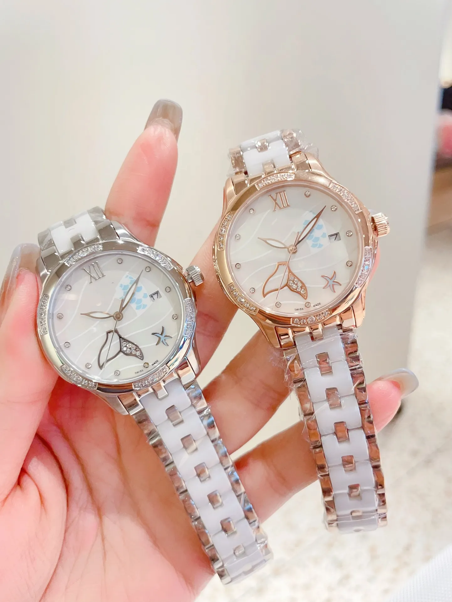 Damesmode elegant horloge beroemde ontwerper om witte en zwarte keramische productie te creëren met diamant ingelegde glow-in-the-dark functie diepte waterdicht27