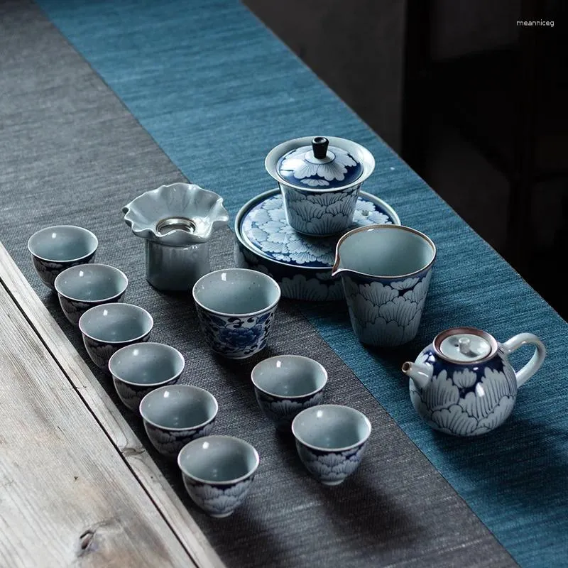 Наборы чайной посуды Fugui Peony, синий и белый фарфоровый чайный сервиз, китайский ретро-чайник Gaiwan для дома