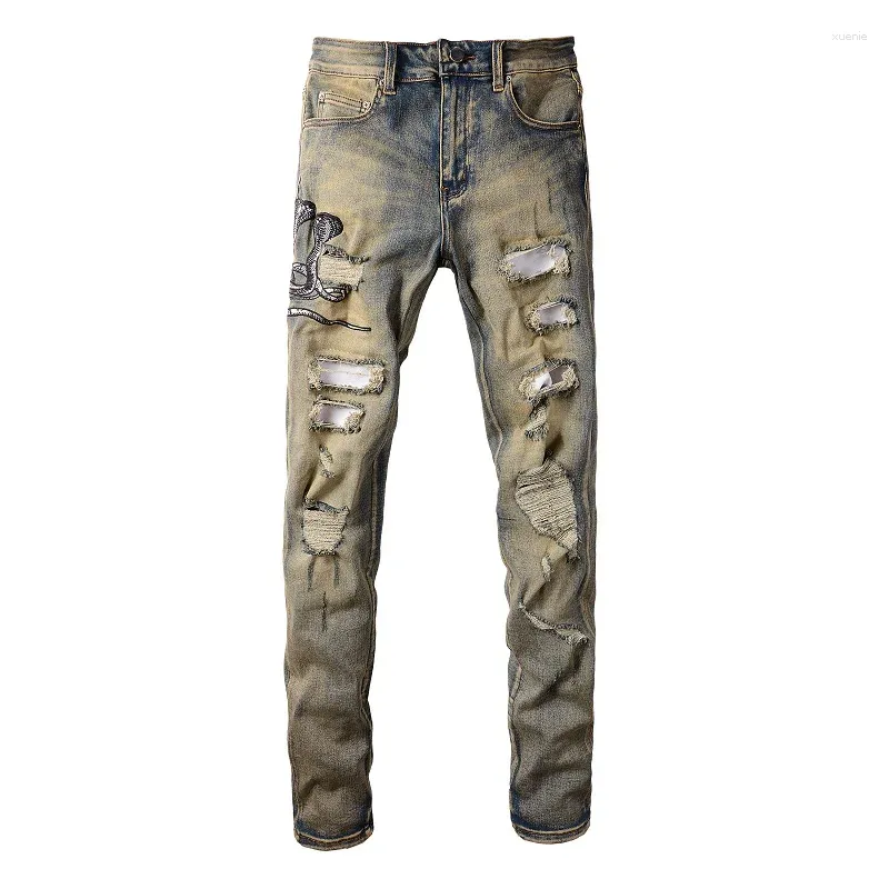 Herrenjeans EU US Tropf Hellgelb Blau Distressed Schnurrbart Beschädigte Löcher Schlange Weiße Hautflecken Streetwear Stretch Ripped