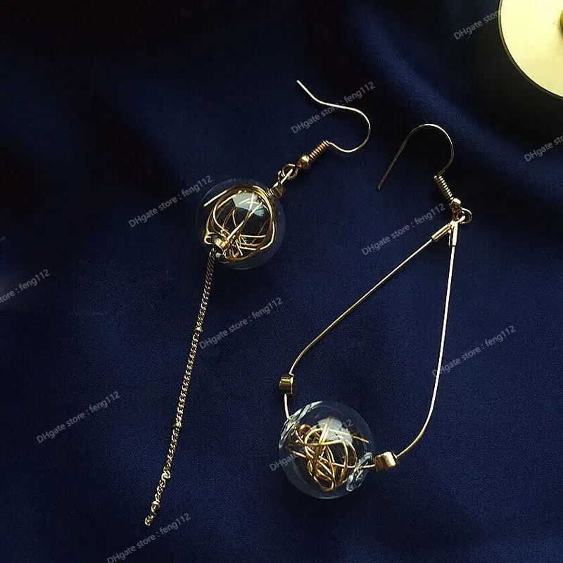 Orecchini pendenti asimmetrici con sfera di vetro in filo di rame unici le donne 2020 Orecchini pendenti lunghi originali in ottone vintage fatti a mano Orecchini pendenti accessori