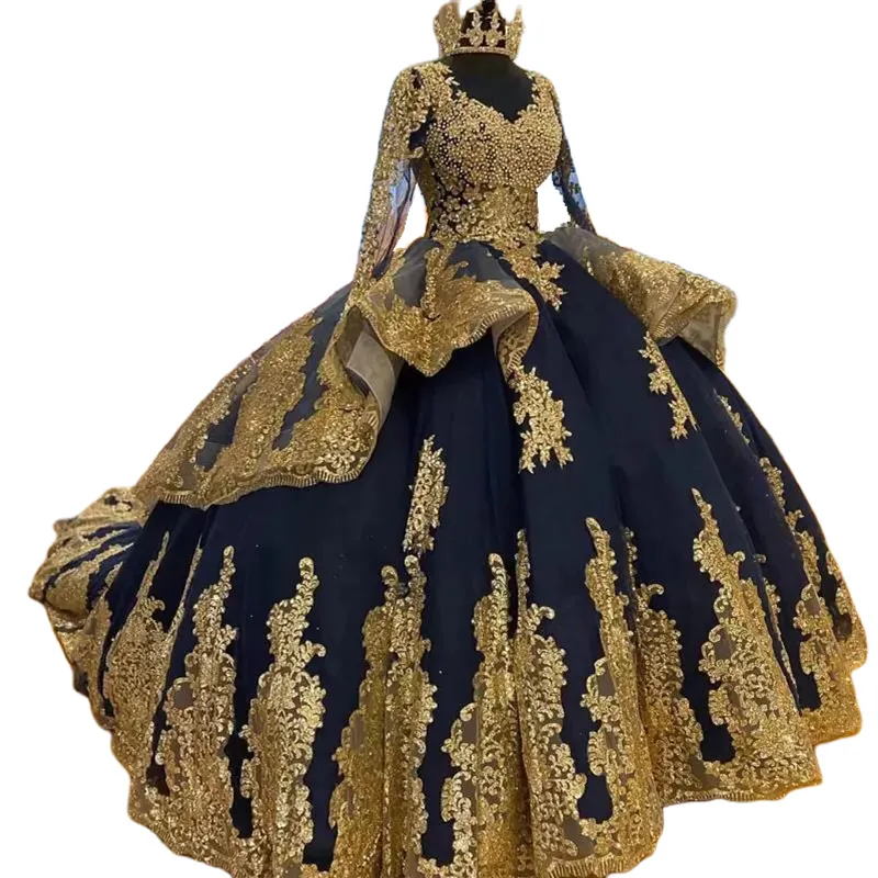 Navy Blue Princess Black Gold quinceanera dresses with Gold Lace Appliques, Pearls, and Beading - Long Sleeves, Sweet 16 Dress for Girls, Party, Prom, Navy Blue Princess Black Gold quinceanera dresses with Gold Lace Appliques, Pearls, and Beading - Long Sleeves, Sweet 16 Dress for Girls, Party, Prom,
