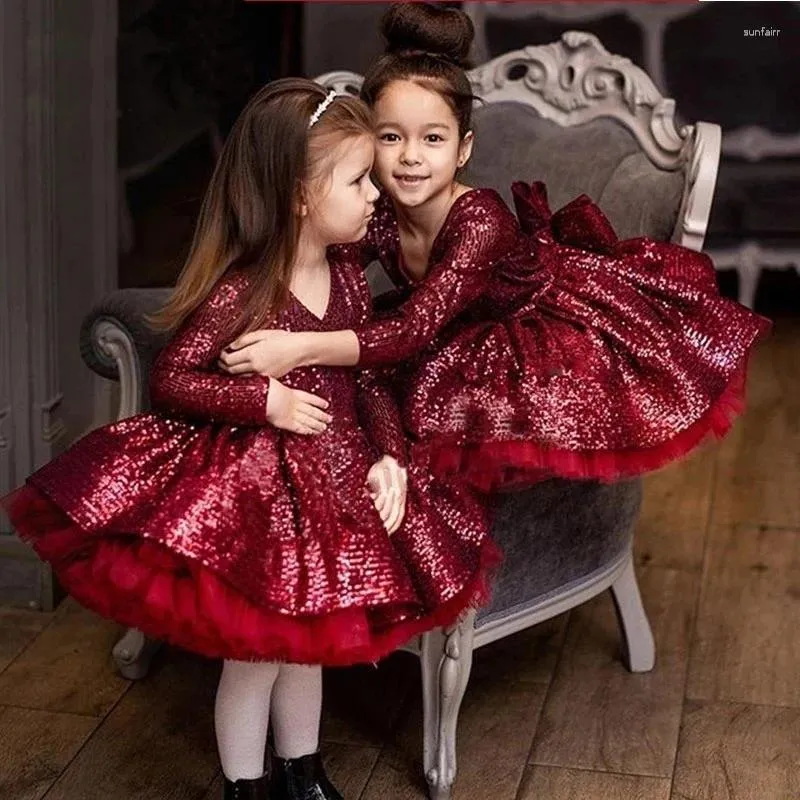 Robes De Demoiselle bordeaux bouffantes pour filles, longue jupe De princesse à fleurs, pour Communion, anniversaire, concours, 3 à 14 ans