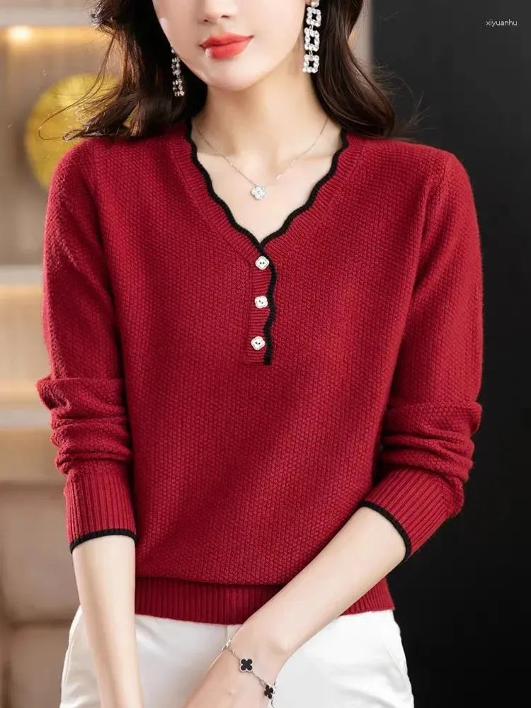 Женские свитера в Корейском стиле с v-образным вырезом и пуговицами, шикарная модная офисная женская верхняя одежда, вязаный пуловер, женский осенне-весенний повседневный свитер