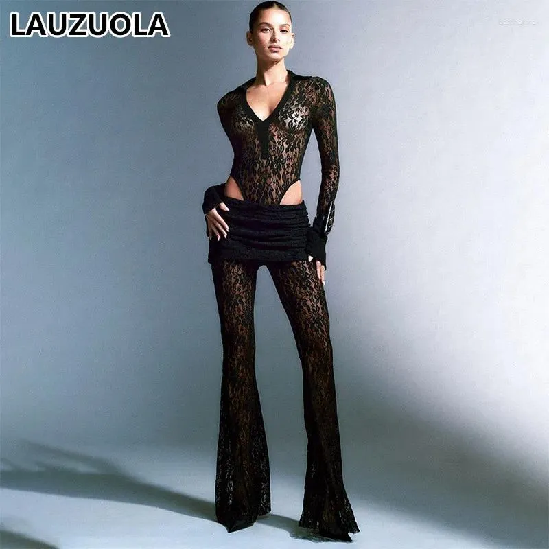 2023 Fashion Womens See Through Black Lace Two Piece Black Lace Bodysuit  Set With Flare Pants And Shirt From Bertinafara, $27.68