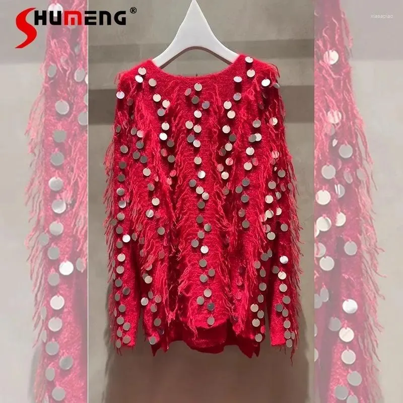 Pulls pour femmes Style Socialite Glands tempéramentaux Paillettes Pull rouge Pull en vrac Jumpers 2023 Automne et hiver Knitwear