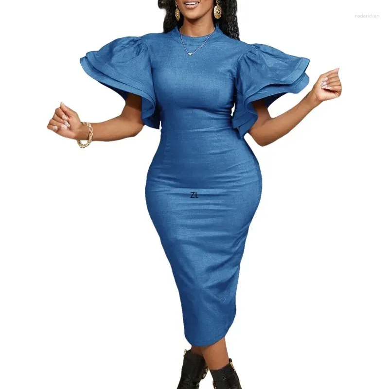 Ethnic Clothing Jean Bodycon Dress African Dresses For Women Elegant Flare Sleeve Long Package Hip Skirt Plus Size Robe Femme Clothes