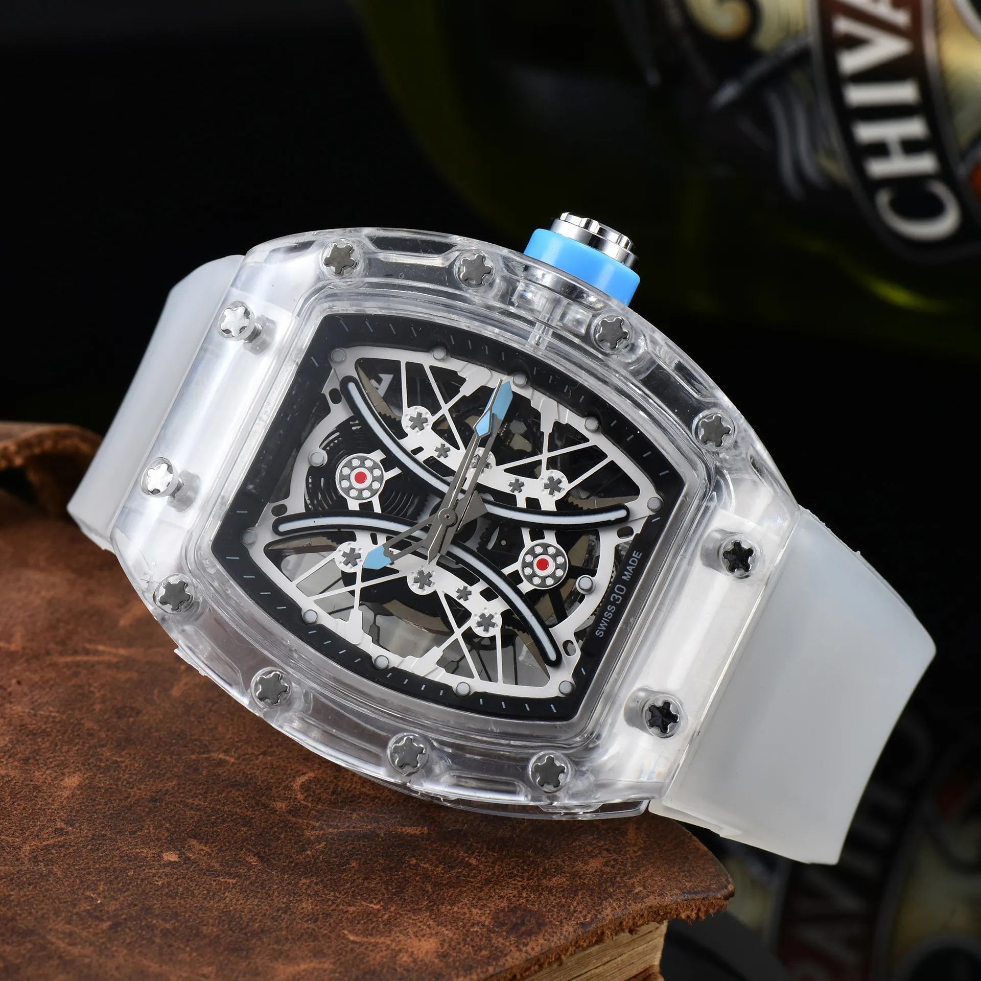 Мужские кварцевые часы в форме бочонка, блестящий водонепроницаемый календарь, модные полые крутые роскошные кварцевые часы для мужчин