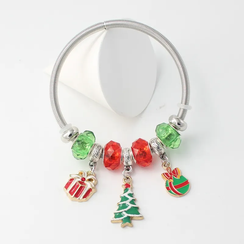 أساور عيد ميلاد عيد ميلاد بالجملة سوار سلسلة الأفعى المرن مع Big Hole Bead Tree Tree Gift Bag Cane Santa Ball Ball Bracelet for Women