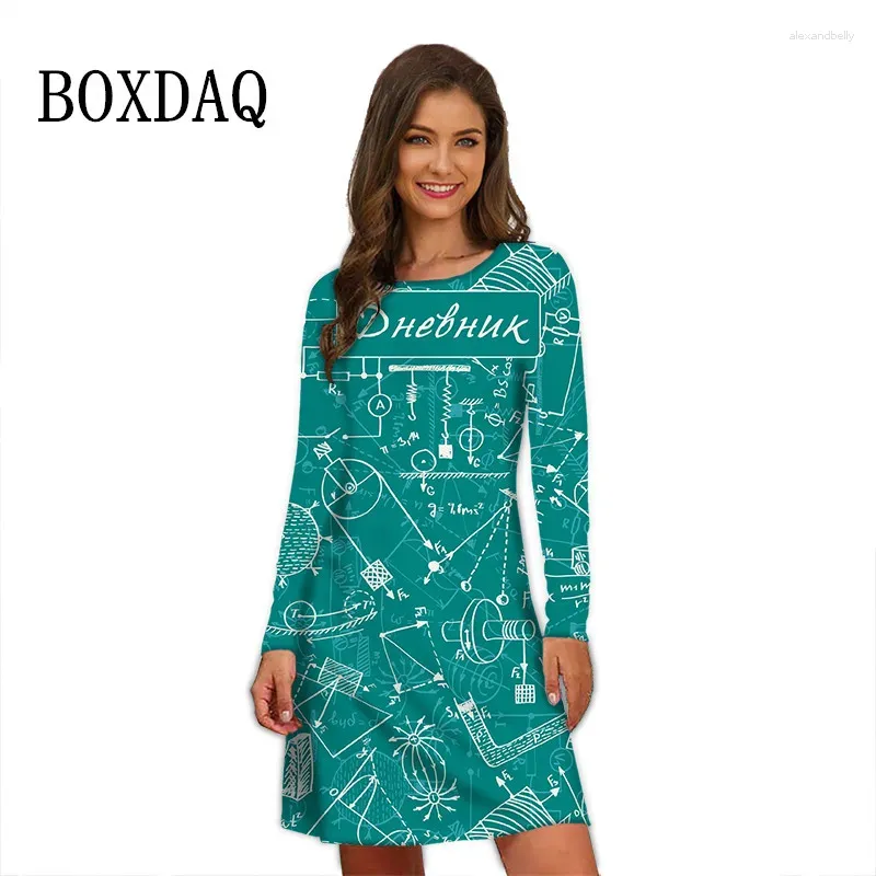 Robes décontractées Formule mathématique Imprimer Femmes Robe Automne Mode Street Lâche Mini Surdimensionné Manches longues Géométrie Graphique