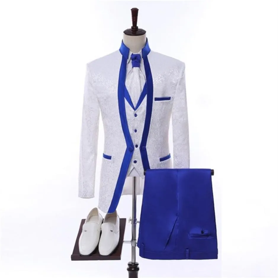 Nuevo diseño, 3 piezas, ropa de escenario con borde azul real blanco para hombre, conjunto de traje, trajes de boda para hombre, traje de esmoquin para novio Formal321k