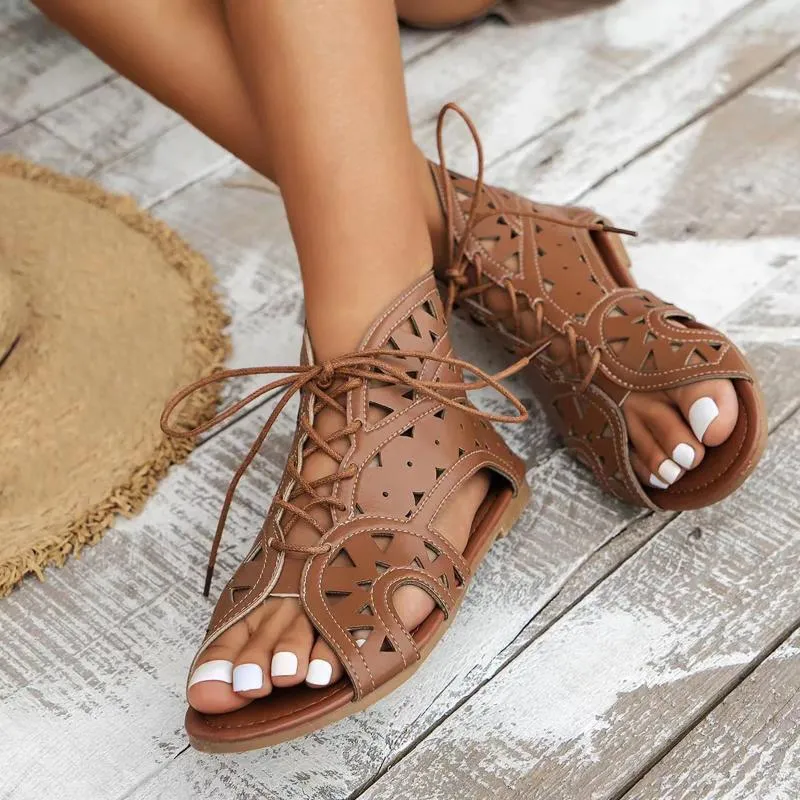 Mouth Up Fish Flower Lace Hollow Front Sandals Women Summer Comfortable Back Zip Flat Bottom Roman Outdoor Female Shoes 876 517