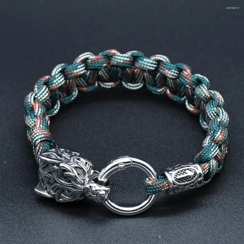 Charm-Armbänder Edelstahl Wolfsköpfe Männer Nordische Wikinger Runenperlen Survival Paracord Seil Armreifen