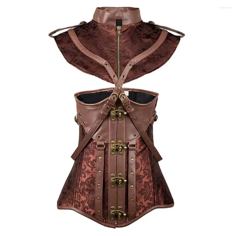 Bustiers korsetter Sladuo Retro Vintage Brown Leather Brocade Halter Steel Boned Underbust Corset midjetränare plus storlek 6xl gotisk