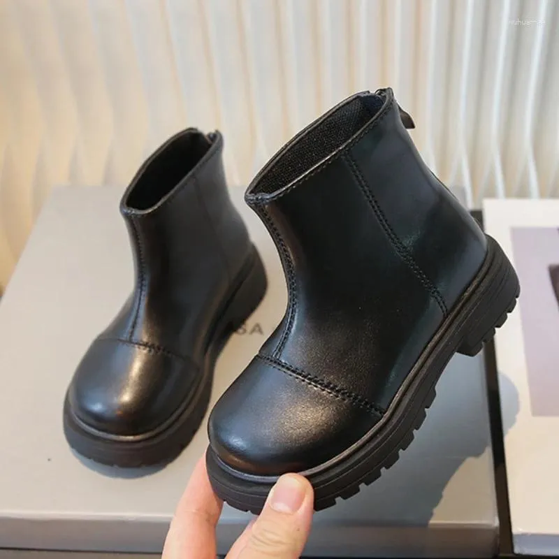 Botas Otoño Invierno Niñas Niños Suave Fondo Negro Cuero Cremallera Casual Cálido Niños Algodón Moda Versátil