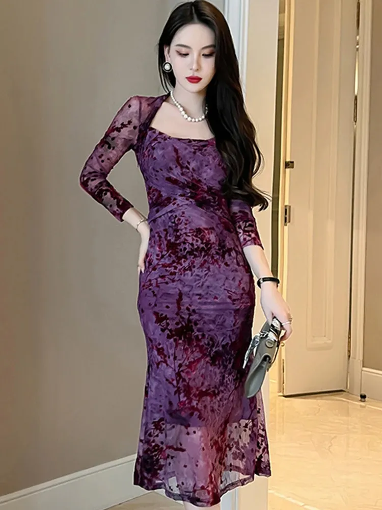 Basic Casual Women Dresses Spring Elegant Sexy Midi Dresses for Women Purple Mesh Mermaid Dress Bodycon Slim Robe Party Prom Lady Clothes Date Vestido 2024