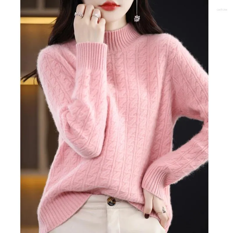 Damenpullover, halbhoher Rundhalsausschnitt aus reiner Wolle, gestricktes Hemd, koreanische Version, verdickter Pullover, einfarbiger Pullover unten oben