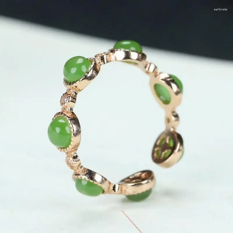 Anelli a grappolo in argento sterling 925 con giada verde e zirconi, da donna, gioielleria raffinata, autentica giada cinese di Hetian, nefrite, apertura in oro regolabile