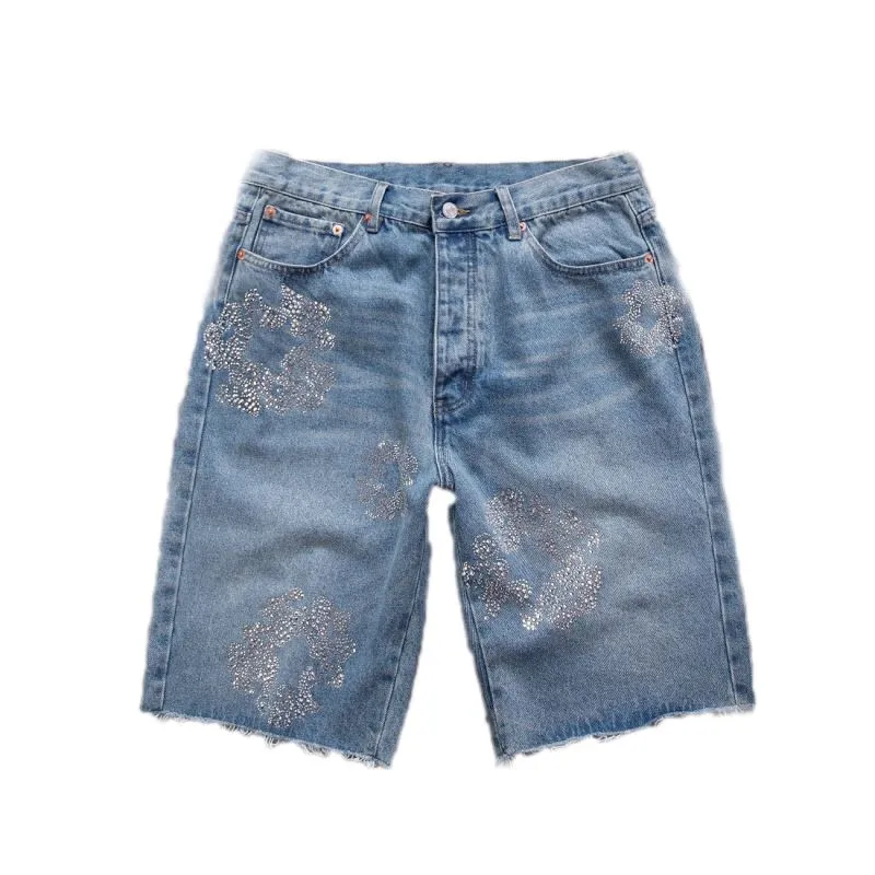 Heren jeans korte bloem diamant denim shortpants slanke straat hiphop Jean Button Fly WREATH jeans brood zwart licht wassen blauw ontwerper heren shorts