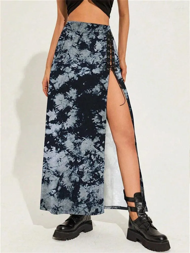 Skirts 2023 Dark Tie Dye Gothic Bandage Women Midi Grunge Y2k Vintage High Waist Long Skirt Split Sexy A-line Fashion Streetwear