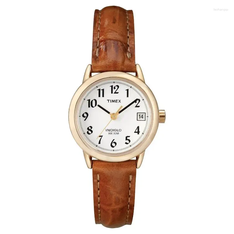Zegarek dla czytelników damski z ręką na rękę ze skórzanym paskiem- złoto/brąz T2J7619J