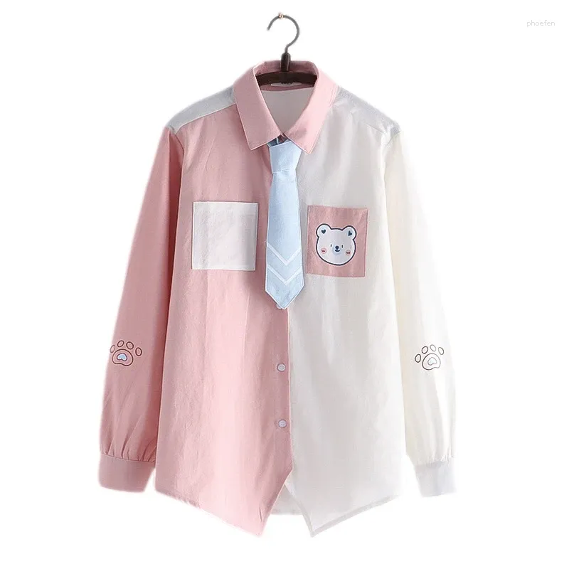 Women's Blouses Japanese Preppy Style Kawaii Blouse Teen Girls Tops Cute Bear Print Long Sleeve School Uniform Button Down Tie Front Pink