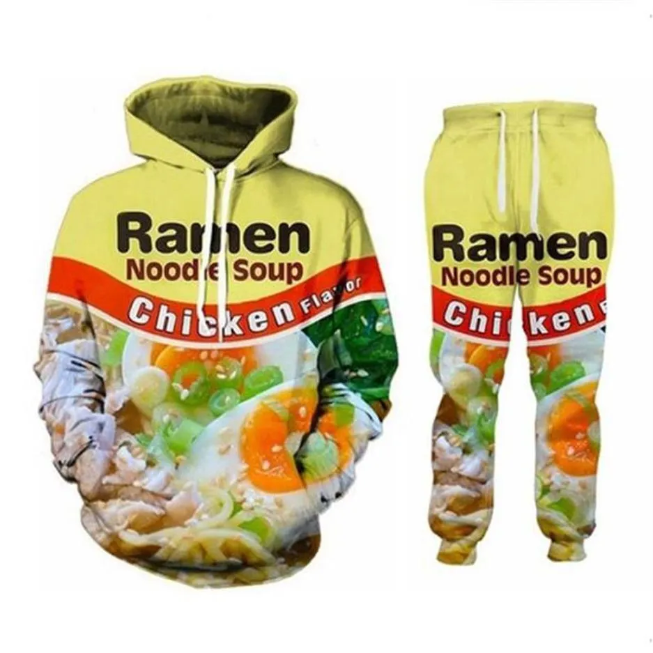 Nouveaux hommes femmes Ramen nouilles soupe saveur de poulet drôle impression 3D mode survêtements Hip Hop pantalons à capuche T05290s