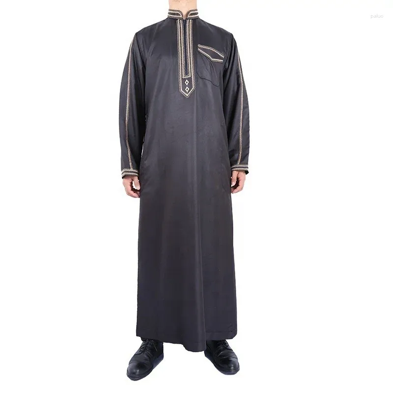 Ubranie etniczne Abaya dla mężczyzn Islam Galabia muślin Thobe Kameez Kaftan stojący kołnierz drukuj Arabski luźna muzdrowana szata