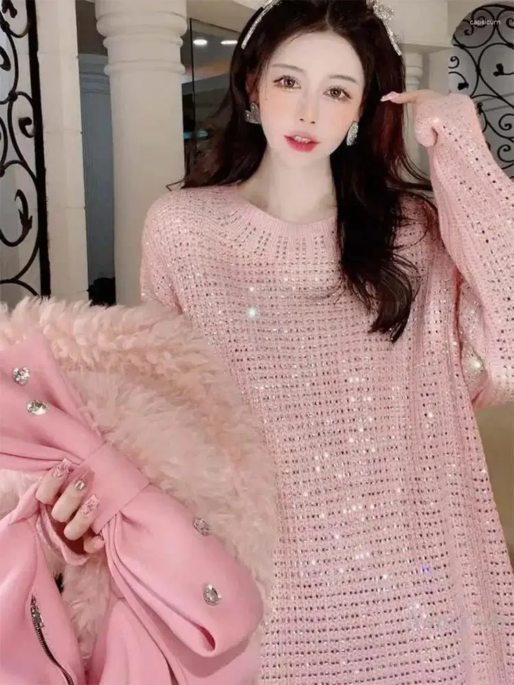 Casual jurken 2023 Winter zware industrie Super Flash strass gebreide jurk met ronde hals Losse oversized lange trui-outfits