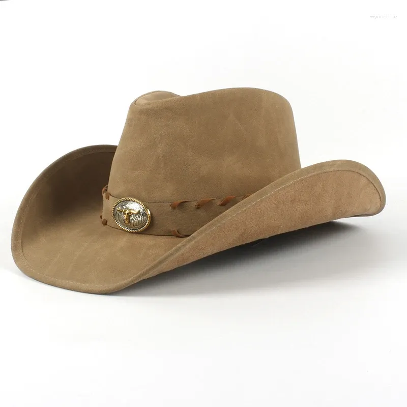 Berets skórzane mężczyźni Western Cowboy Hat for Gentleman Dad Lady Cowgirl Sombrero Hombre Caps Big Size xxl Duża głowa