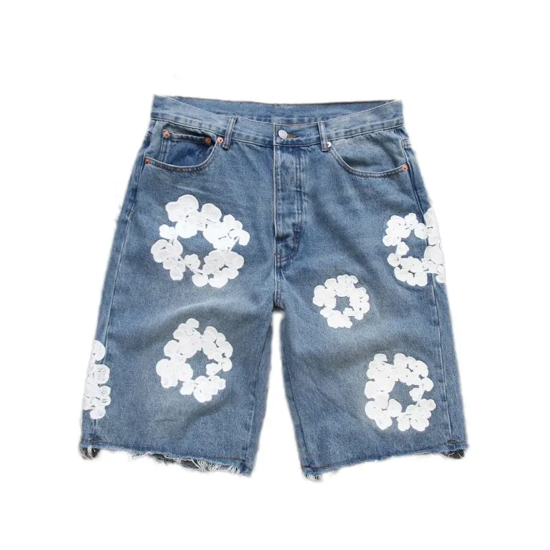 Designer Shorts Jeans Flower Printed Shortpants Slim Mens Light Blue Denim Wreath Wash