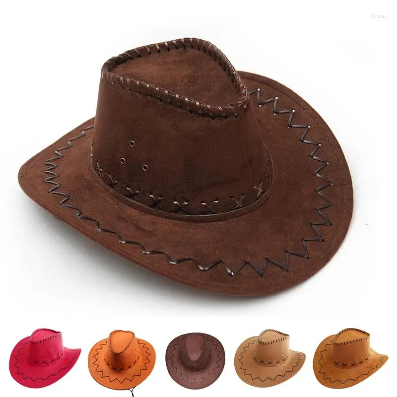 Berretti Cappello da cowboy occidentale in tinta unita con parte superiore piatta unisex vintage Steppa in pelle con parasole con berretto da cowgirl a tesa larga