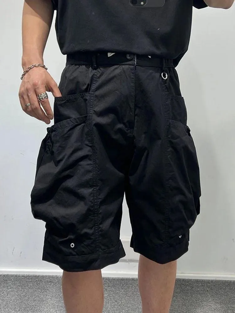 Shorts masculinos verão homens na altura do joelho grandes bolsos retalhos solto ajuste carga cintura elástica calças casuais moda masculina gótica