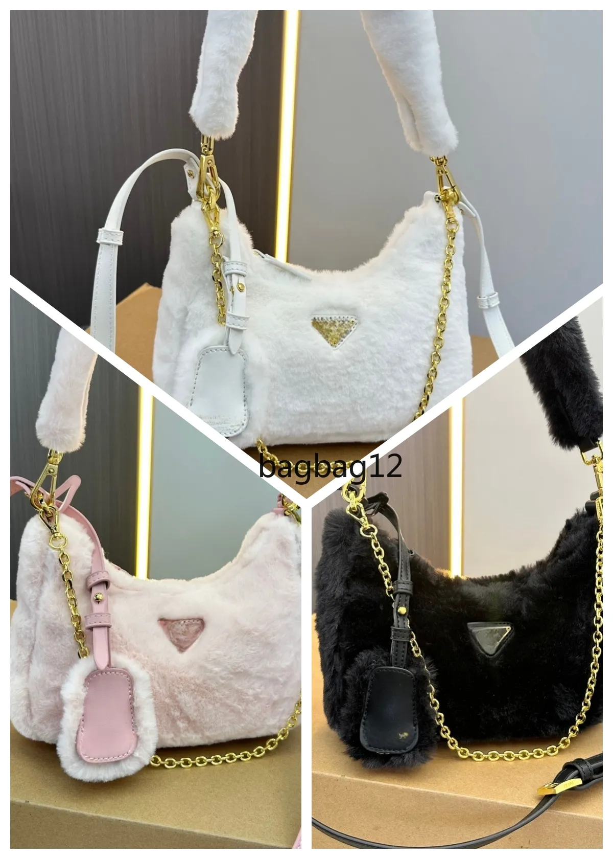 MIRROR Fashion Designer Prakers Eco-friendly Fur Underarm Women's Plush Saddle Handbag Triangle Badge Shoulder Bag