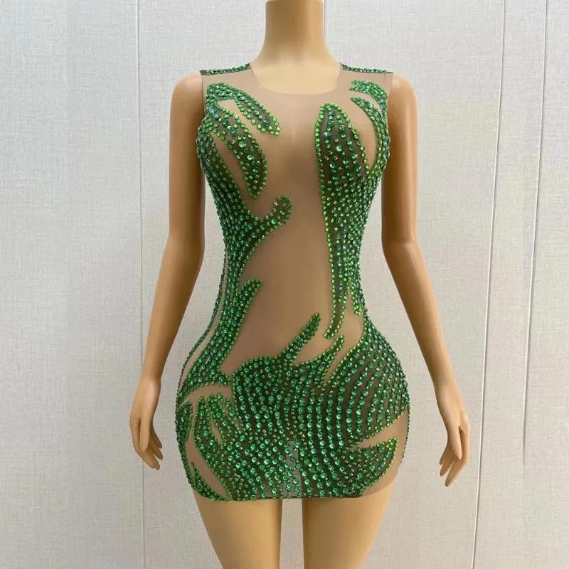 Stage Wear Sexy Green Rhinestones Nude Transparent Dress Birthday Celebrate See Through Outfit Evening Women Performance Poshoot