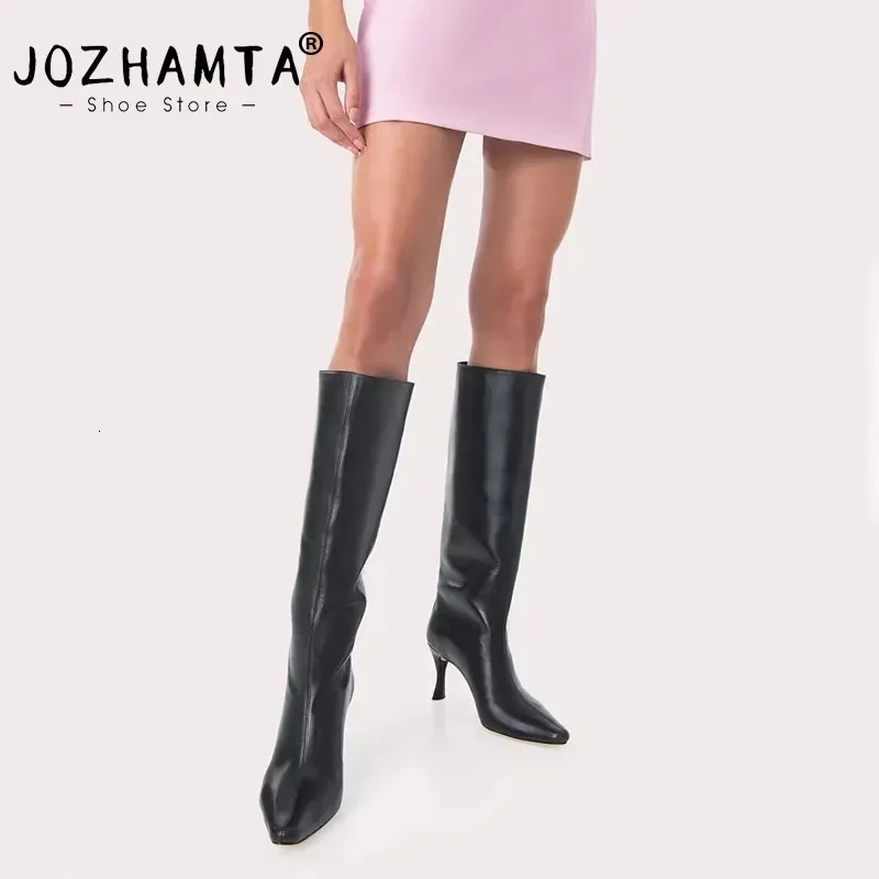 Stivali JOZHAMTA Taglia 34 42 Stivali al ginocchio da donna Vera pelle Sexy Tacchi alti sottili Scarpe Donna Stivali lunghi a punta invernali Casual