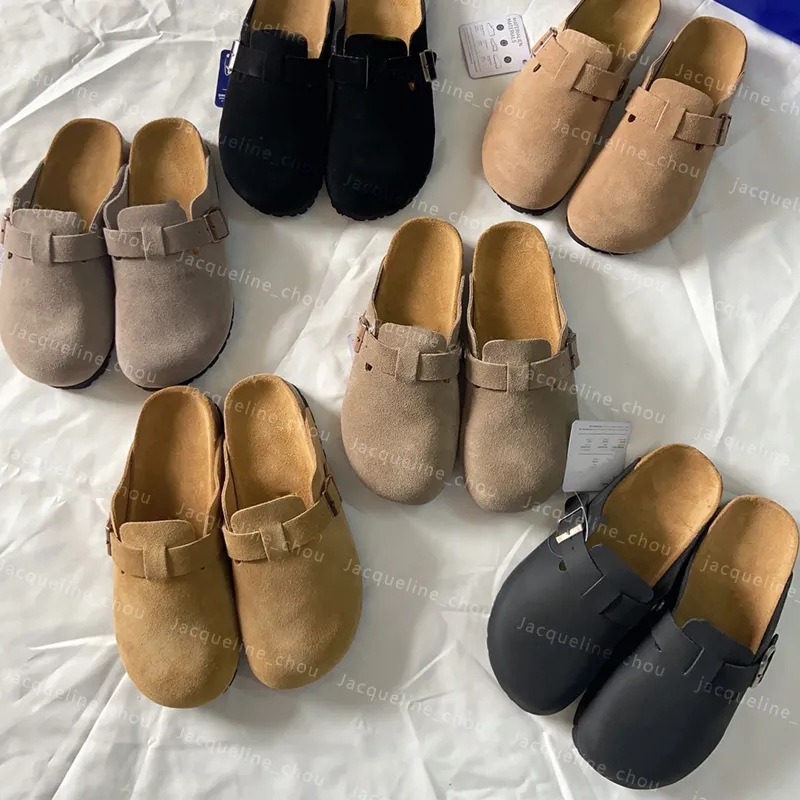 Boston Clogs Winter Fell Hausschuhe Sabot Männer Frauen Echtleder Tasche Kopf Pull Kork Flats Mules Woody Loafers Lazy Slides