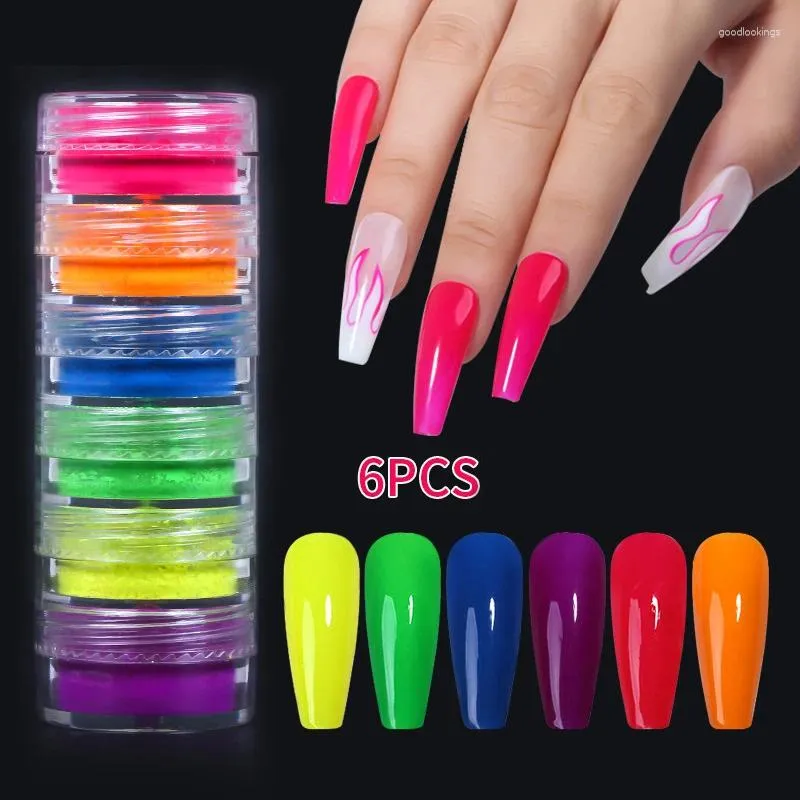 Prego glitter néon pigmento em pó conjunto unhas fluorescente 6 cores arte mergulhando poeira diy gel polonês desenho manicure decoração