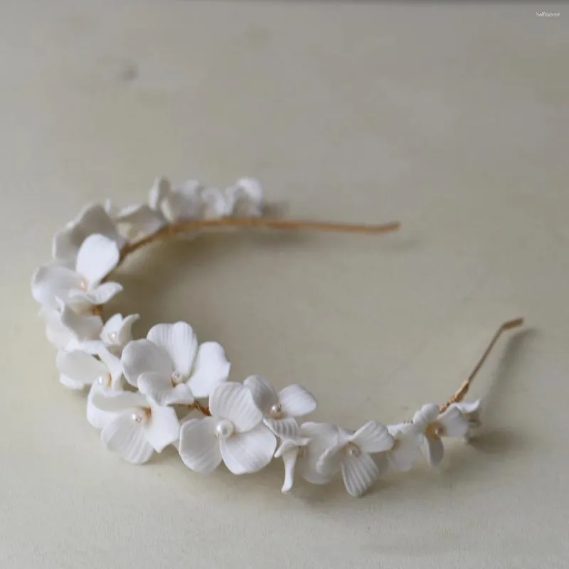 Haarspangen, Brautaccessoires, Porzellan-Blumen-Stirnband, Tiara, Vintage-Goldfarben, Perlen-Kopfschmuck, Krone für Bräute, Haarband, Hochzeitsschmuck