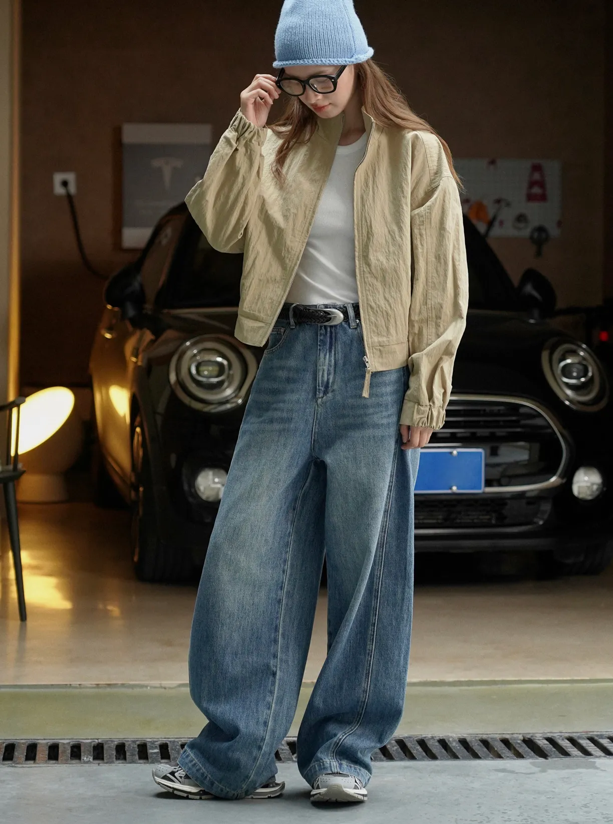 여자 청바지 이른 가을 새로운 한국판 단순한 복고풍 패션 너비 다리 청바지 여성용 허리 느슨한 슬림 한 캐주얼 바지