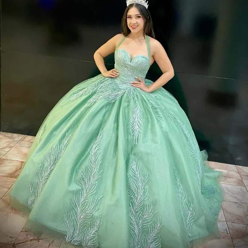 Green Shiny Sweetheart Quinceanera klänning från axelbollklänningen spetspärlor korsett söta 15 vestidos de xv anos 15