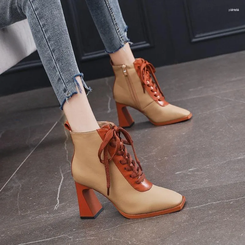 Boots Women High Heel Leather Short Fashion Retro Lace-up Square Toe Heeled Ankle Booties Woman 2023 Spring Shoes Botas De Mujer