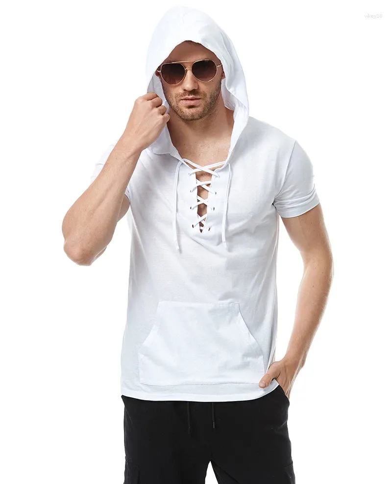 Herren-T-Shirts Idopy mit Kapuze und Schnürung, Hip-Hop-T-Shirt mit Tasche, Streetwear, Hiphop-Punk-Design für einen trendigen Look