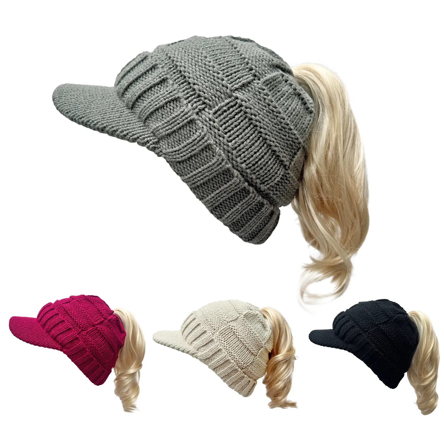 Kadın yün şapka kış sıcak at kuyruğu fasulyeleri örme şapkalar ev moda yetişkin hip-hop at kuyruğu şapka zirve kapağı