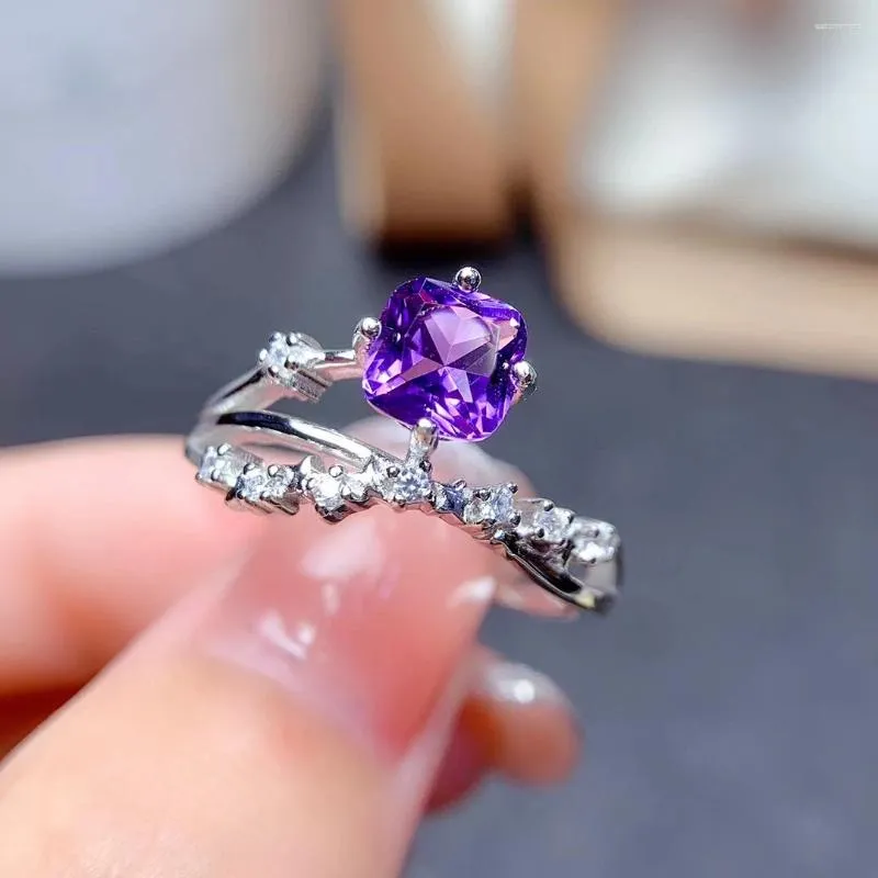 Cluster-Ringe Februar-Geburtsstein-Ring für Frau 6 mm 0,6 ct Asscher-Schliff natürlicher Amethyst 925 Silber Kristallschmuck