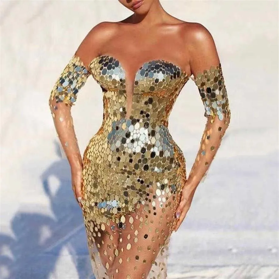 Vêtements pour femmes Robes décontractées Paillettes d'or pour les femmes sans bretelles Illusion de l'épaule Robe moulante Femme Sexy Nuit C292U