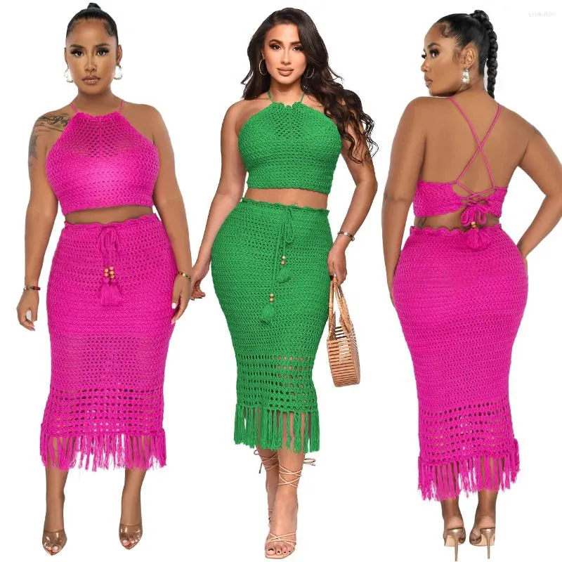 Abiti da lavoro Fasciatura sexy Gonna lavorata a maglia senza schienale Set Estate 2 pezzi Abbigliamento da spiaggia Donna Sling Crop Top e nappa Gonne lunghe Vestiti Bobo