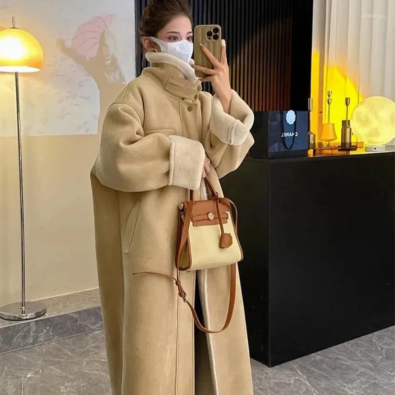 Women's Fur 2023 Long Lamb Wool Coat Thick Warm Motorcycle Clothing Imitation Suede Jackets Autumn Winter Casual Outwear